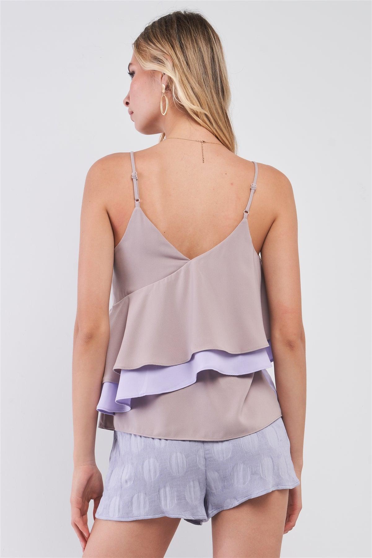 Grey & Lavender Asymmetric Layered Sleeveless V-Neck Flounce Top /1-2-2-1