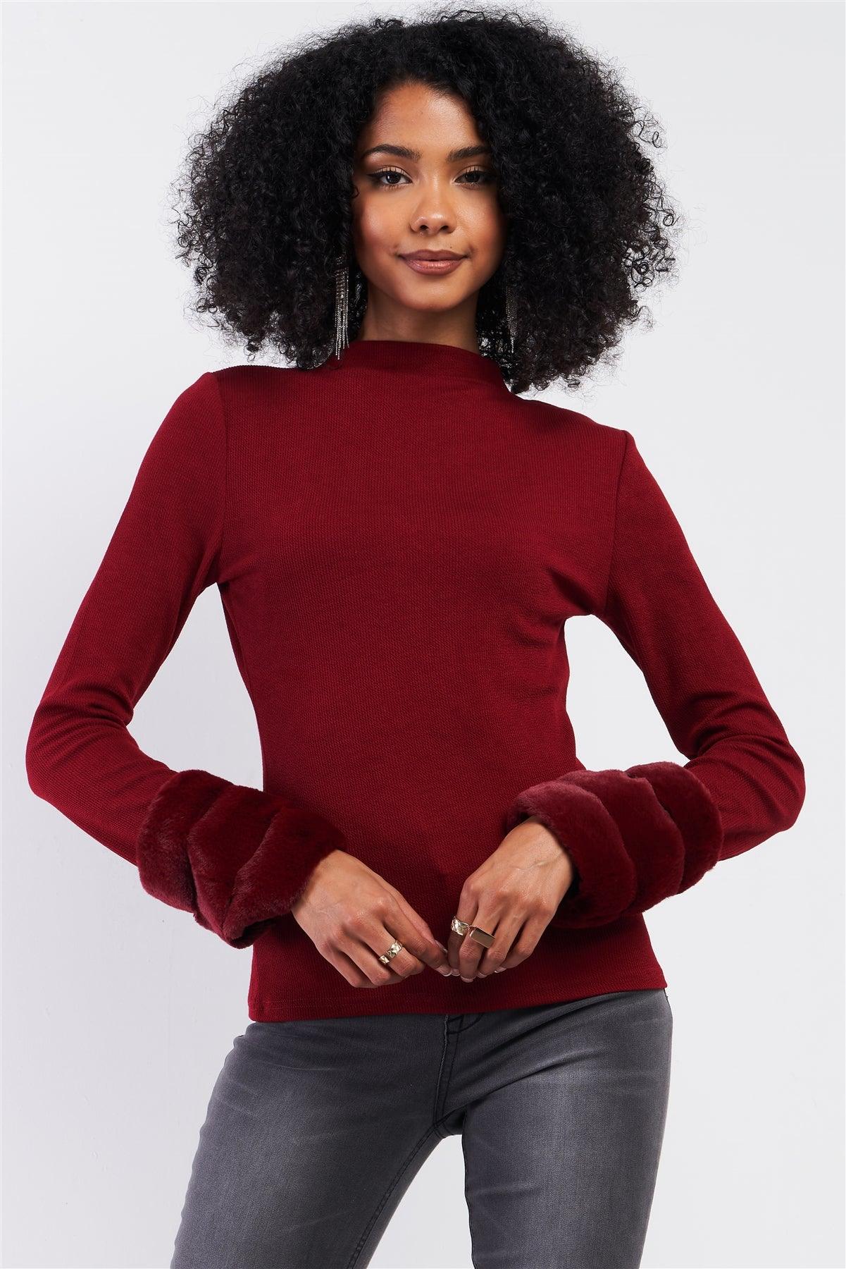 Burgundy Ribbed Long Faux Mink Fur Detachable Muff Inspired Detail Sleeve Semi-Turtleneck Sweater /1-1-1-1-1