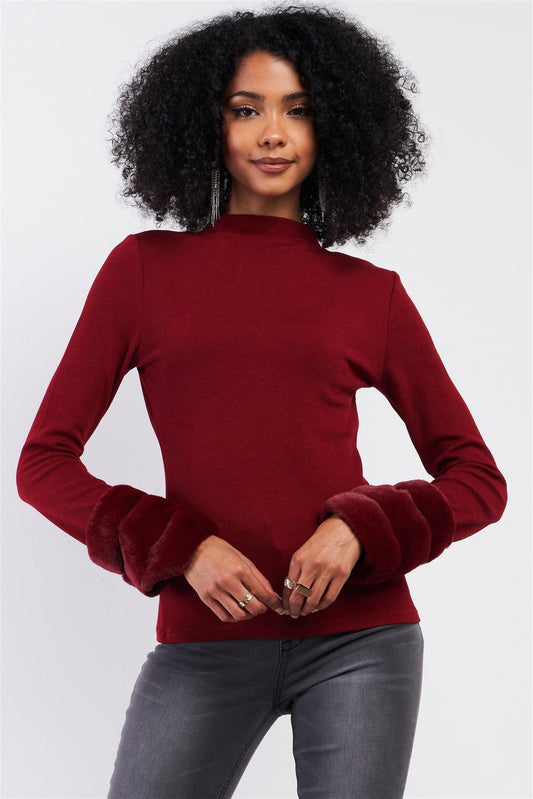 Burgundy Ribbed Long Faux Mink Fur Detachable Muff Inspired Detail Sleeve Semi-Turtleneck Sweater /2-2-2