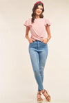 Blush Pink Relaxed Fit Round Neck Flare Sleeve Front Twist Detail Top /2-2-2