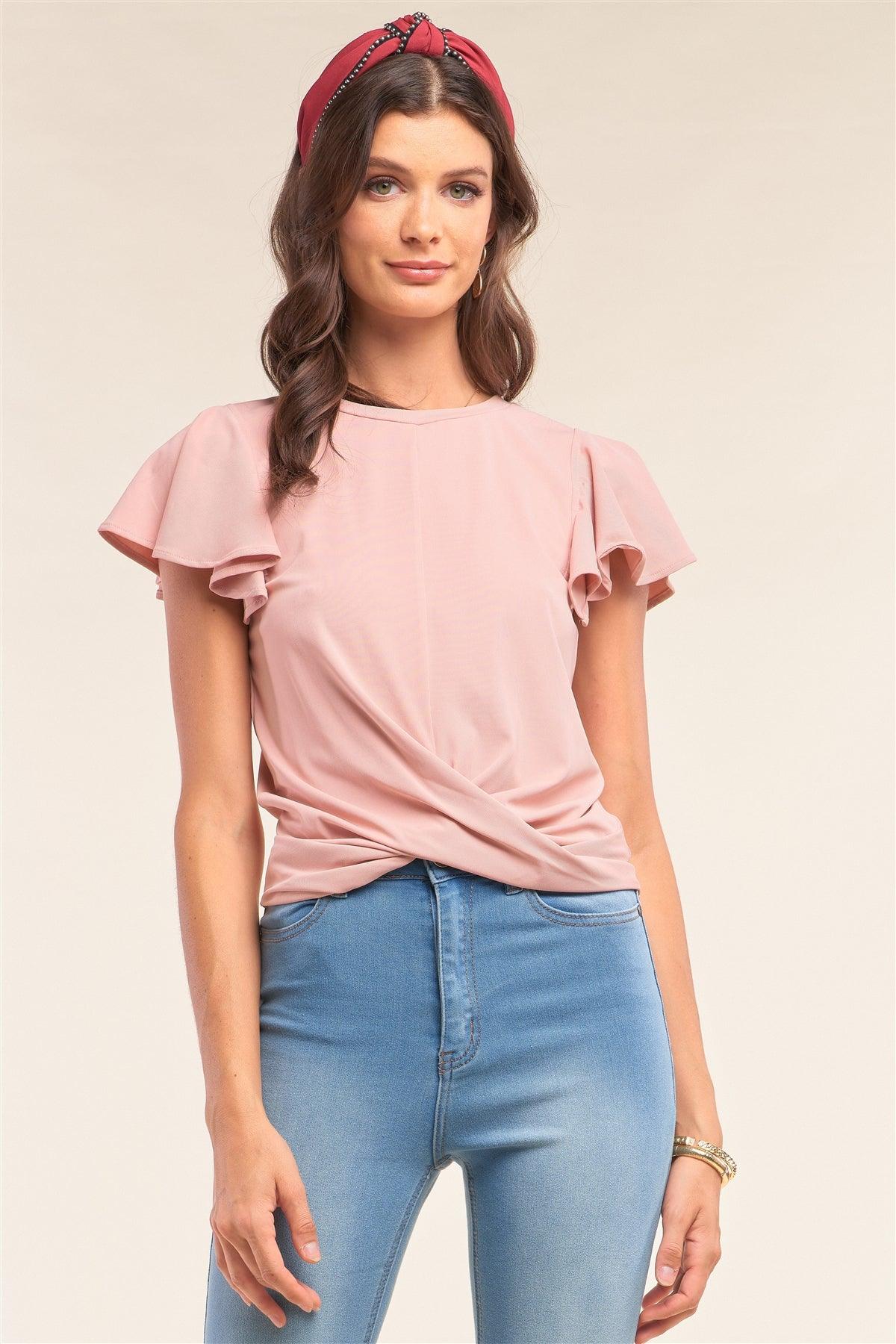 Blush Pink Relaxed Fit Round Neck Flare Sleeve Front Twist Detail Top /2-2-2