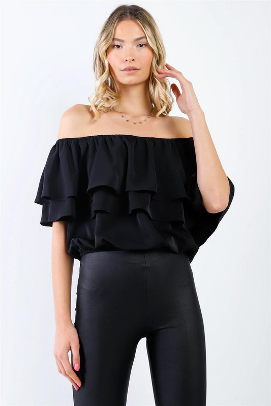 Black Ruffled Off-The-Shoulder Elasticized Trim Crop Top /1-1-2-1-1