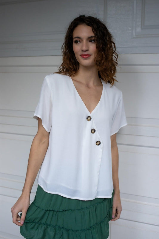 White Viscose Contrast Button Up Detail V-Neck Top /2-2-1