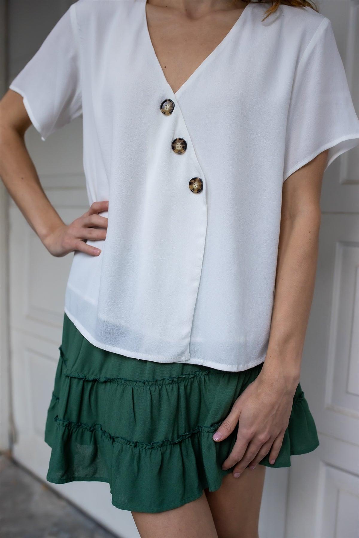 White Viscose Contrast Button Up Detail V-Neck Top /2-2-1