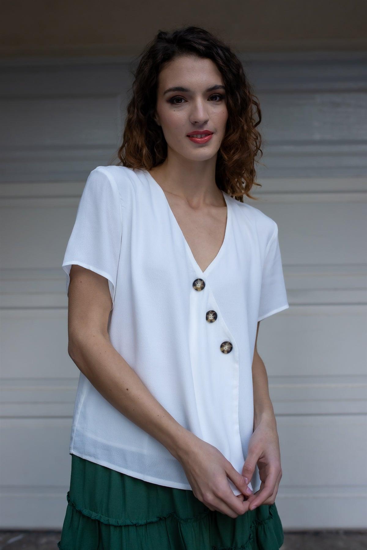 White Viscose Contrast Button Up Detail V-Neck Top /1-2-2-1