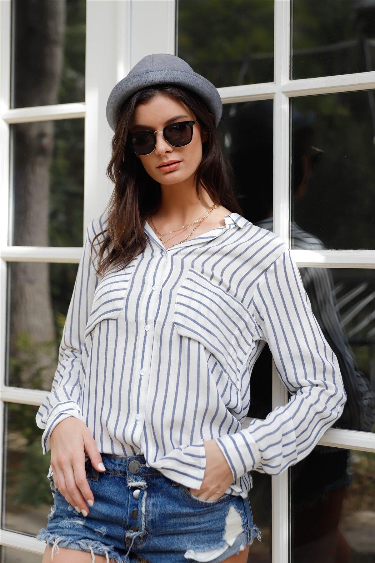 White & Navy Stripe Roll Up Long Sleeve Shirt Top /2-1-2-1