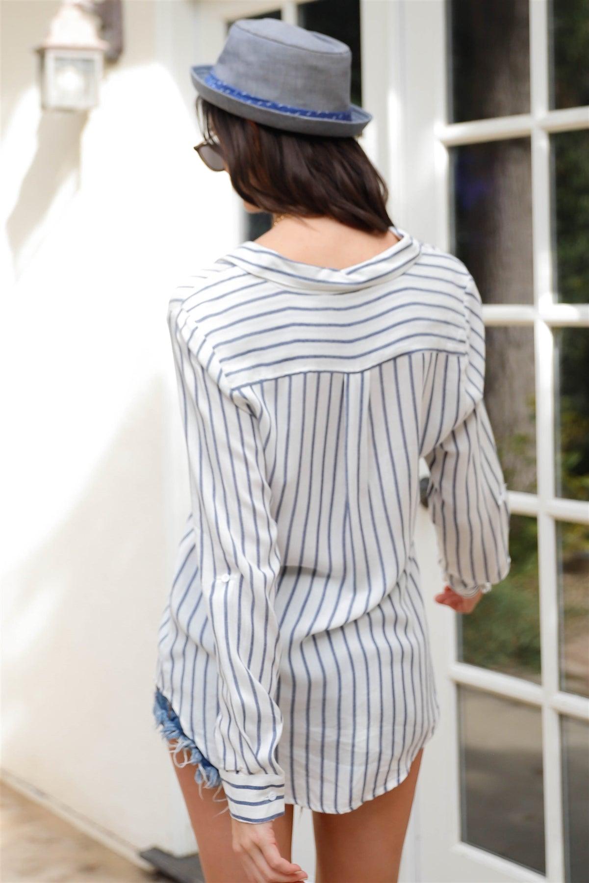 White & Navy Stripe Roll Up Long Sleeve Shirt Top /2-1-2-1