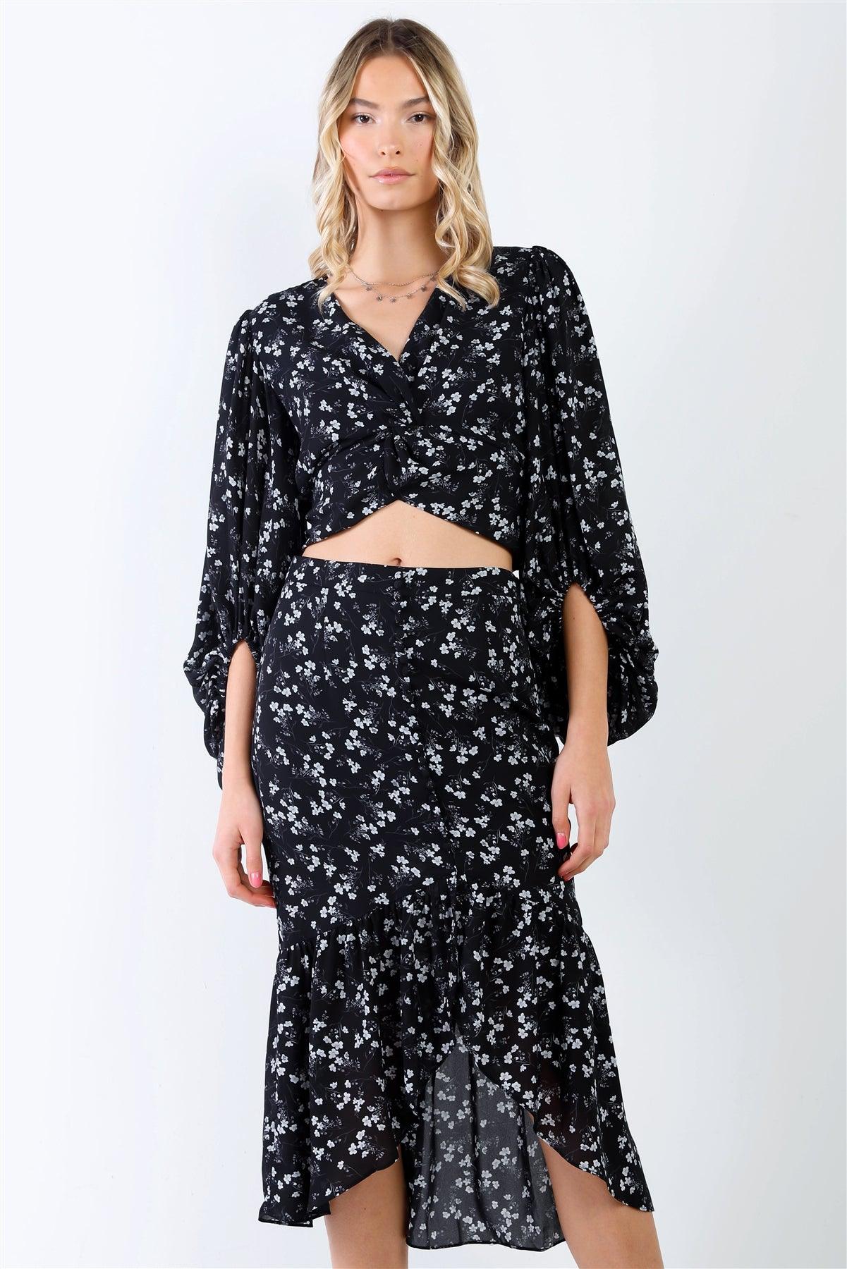 Black & White Floral Twist Detail Puff Balloon Midi Sleeve Top - Tasha Apparel Wholesale