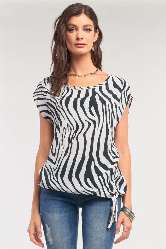 Cream&Black Zebra Print Loose Fit Round Neck Self-Tie Detail Top /2-2-2