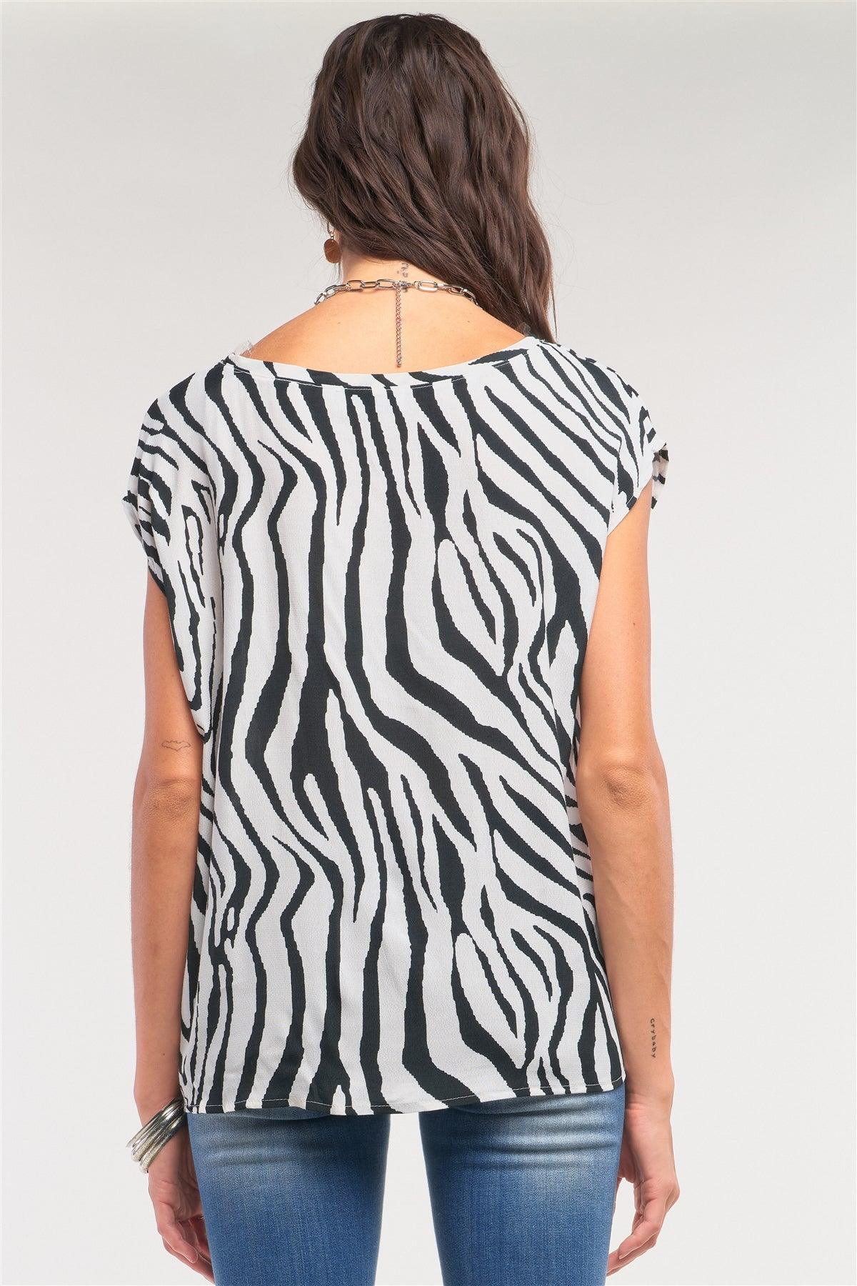 Cream&Black Zebra Print Loose Fit Round Neck Self-Tie Detail Top /2-2-2