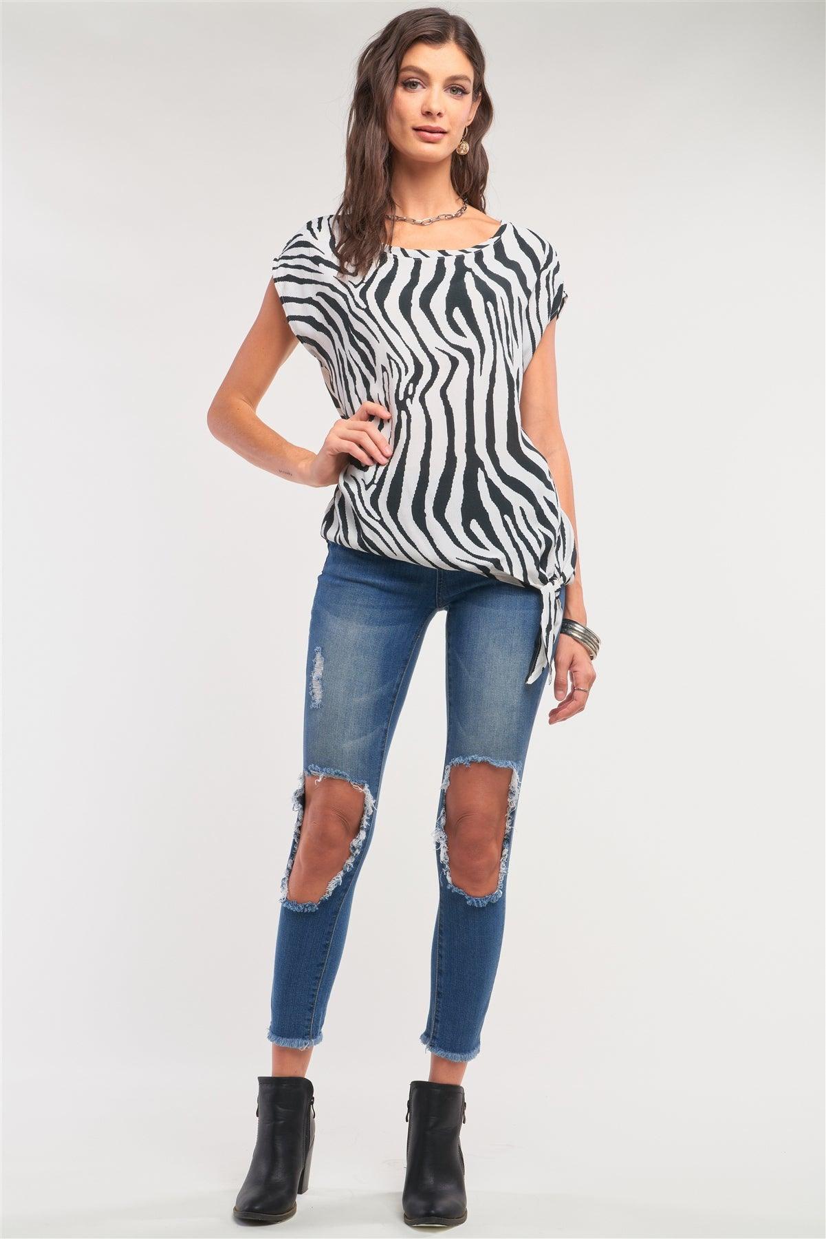 Cream&Black Zebra Print Loose Fit Round Neck Self-Tie Detail Top /2-2-2