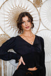 Black Bow Detail V-Neck Long Juliette Smocked Ruffle Trim Sleeves & Hem Top /2-2