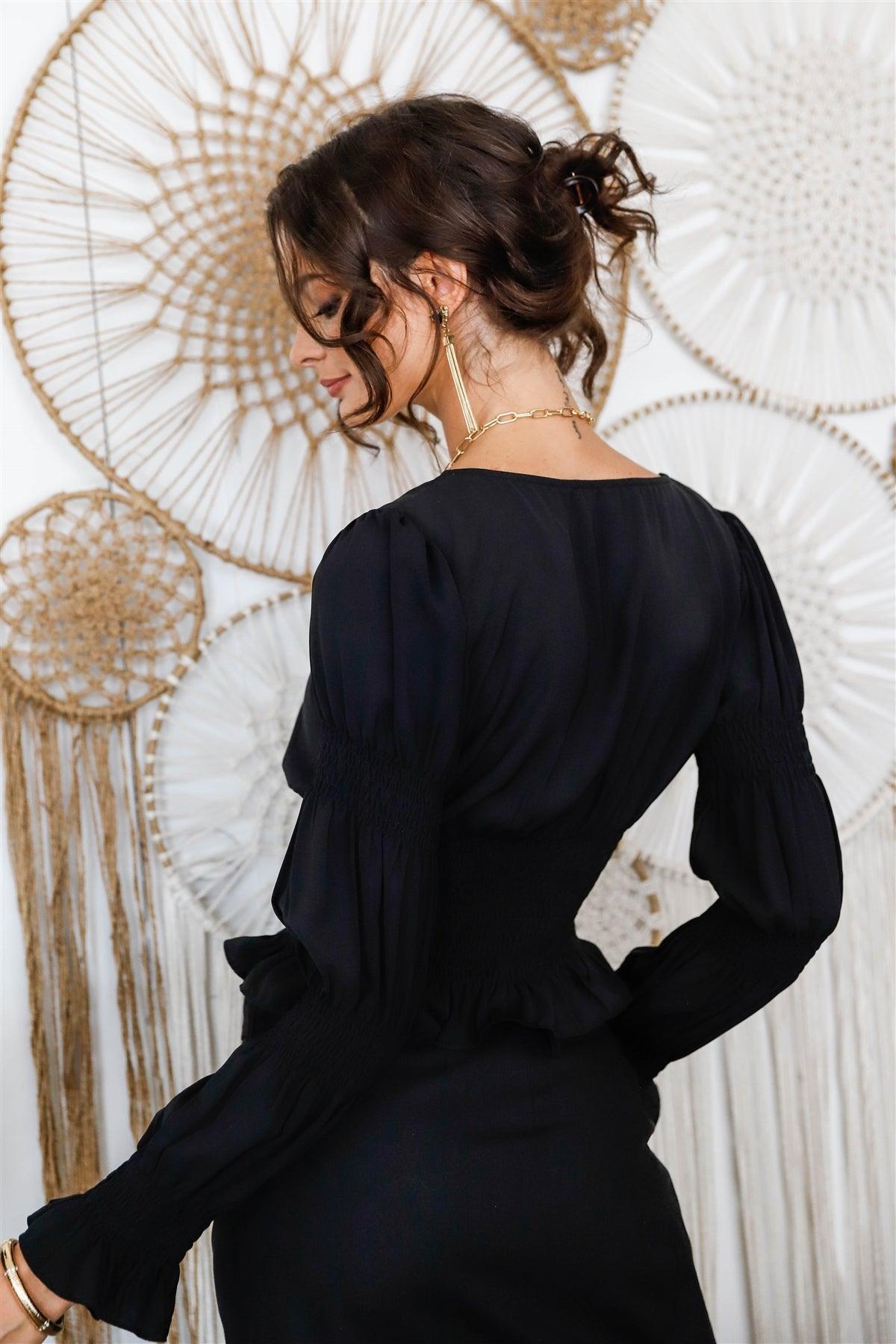 Black Bow Detail V-Neck Long Juliette Smocked Ruffle Trim Sleeves & Hem Top /2-2-2-1