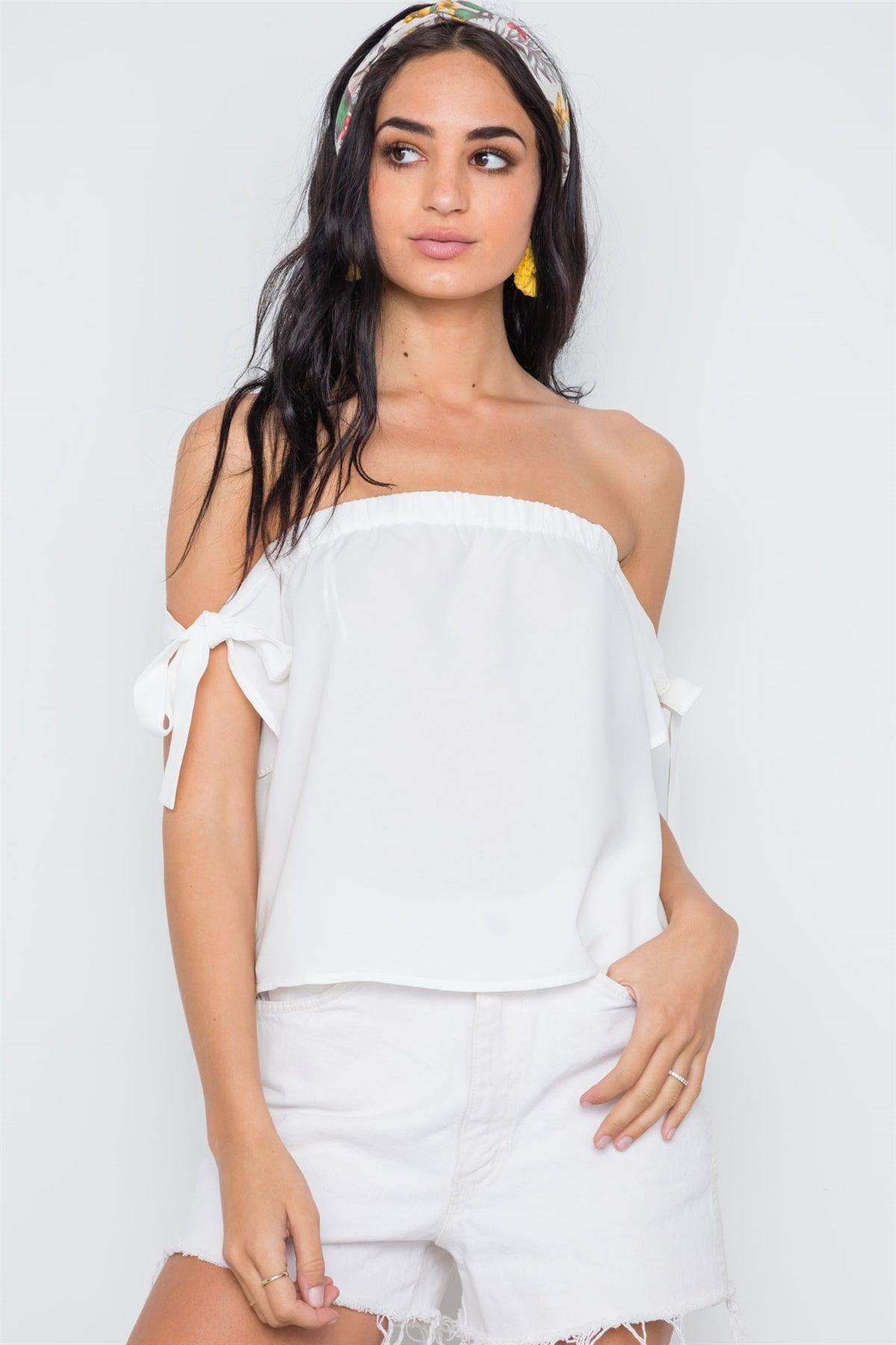 Off White Strapless Self Tie Sleeves Solid Top /3-2-1