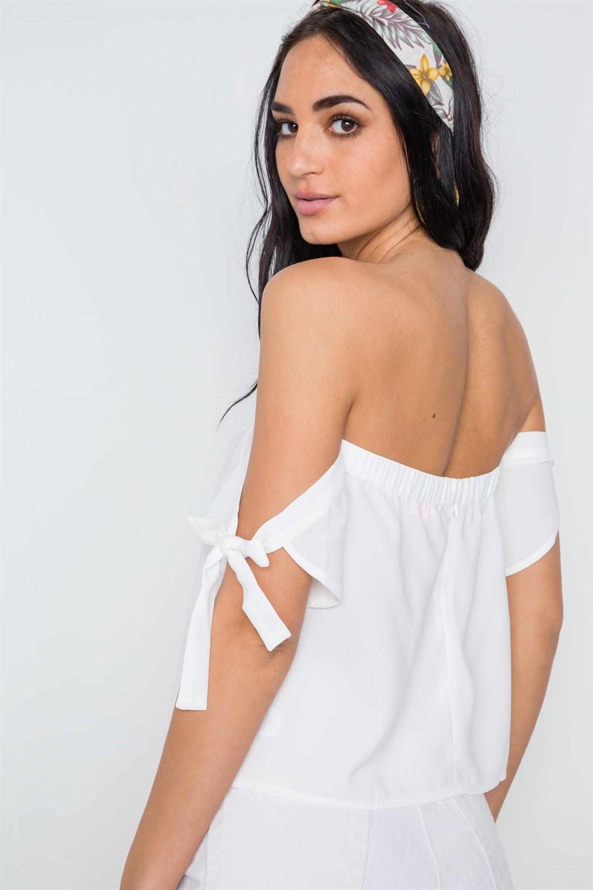 Off White Strapless Self Tie Sleeves Solid Top /3-2-1