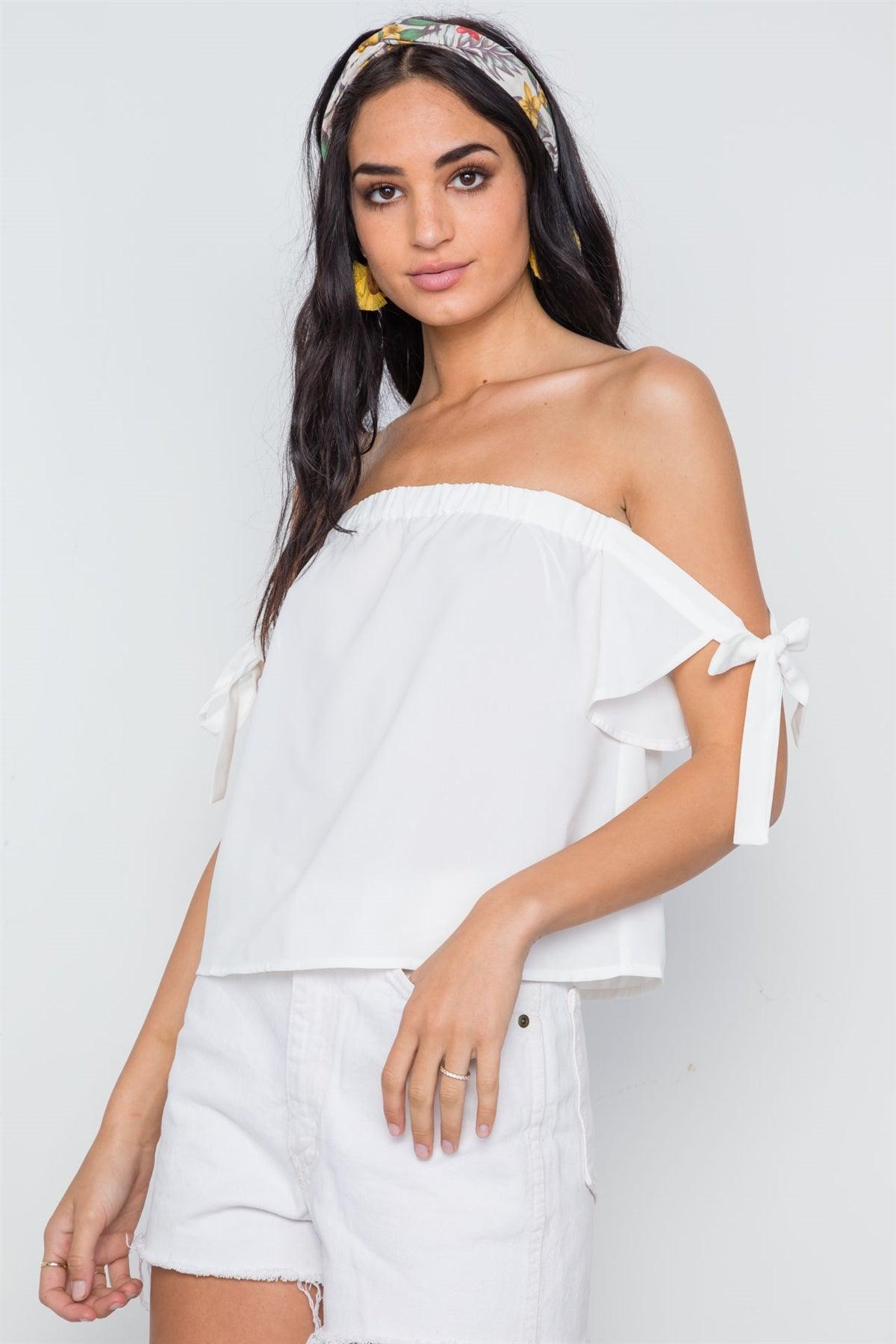 Off White Strapless Self Tie Sleeves Solid Top /3-2-1