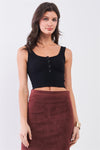 Black Rib Round Neck Sleeveless Front Snap Button Down Crop Tank Top /2-2-1