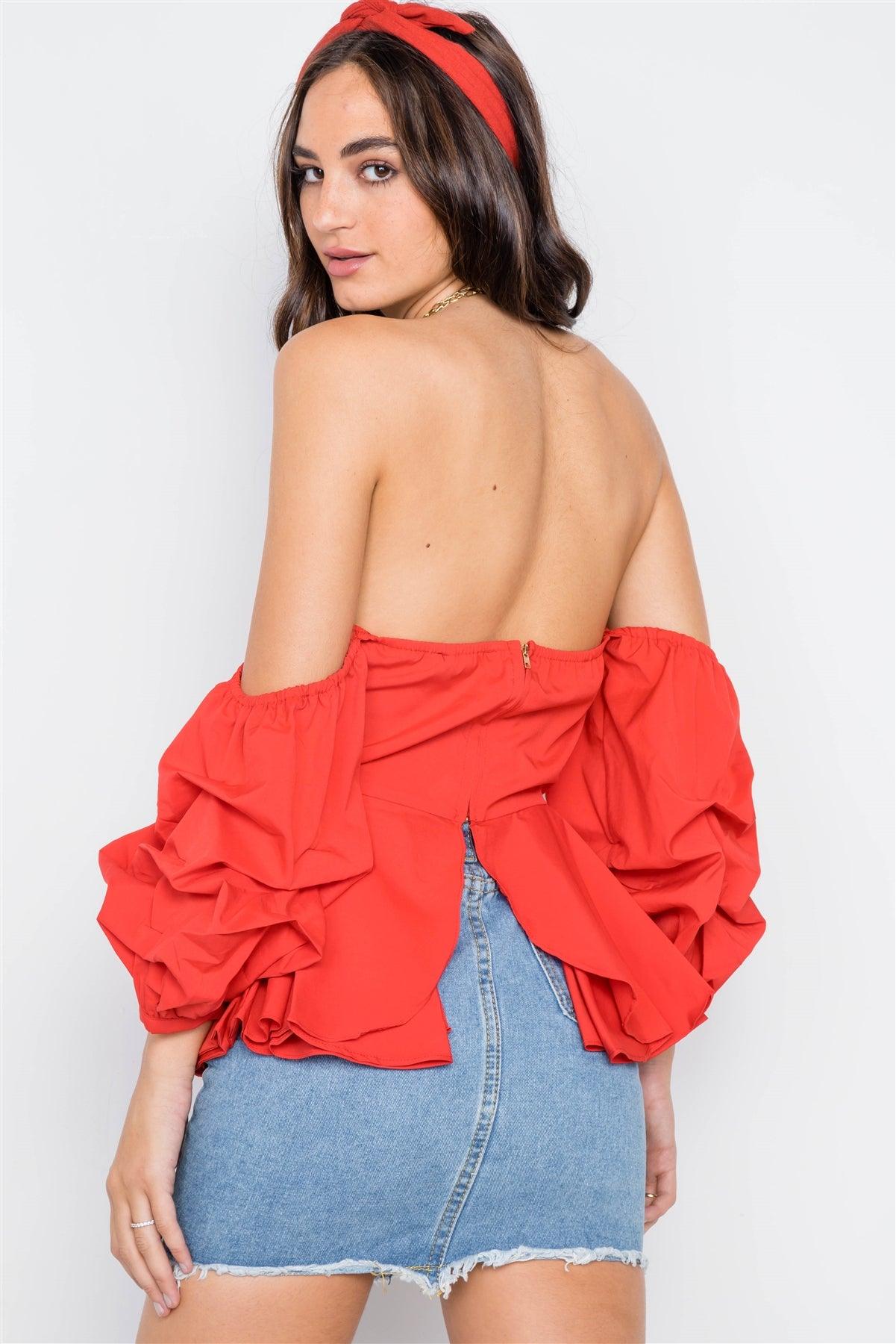 Red Off-The-Shoulder Bell Sleeve Crop Top