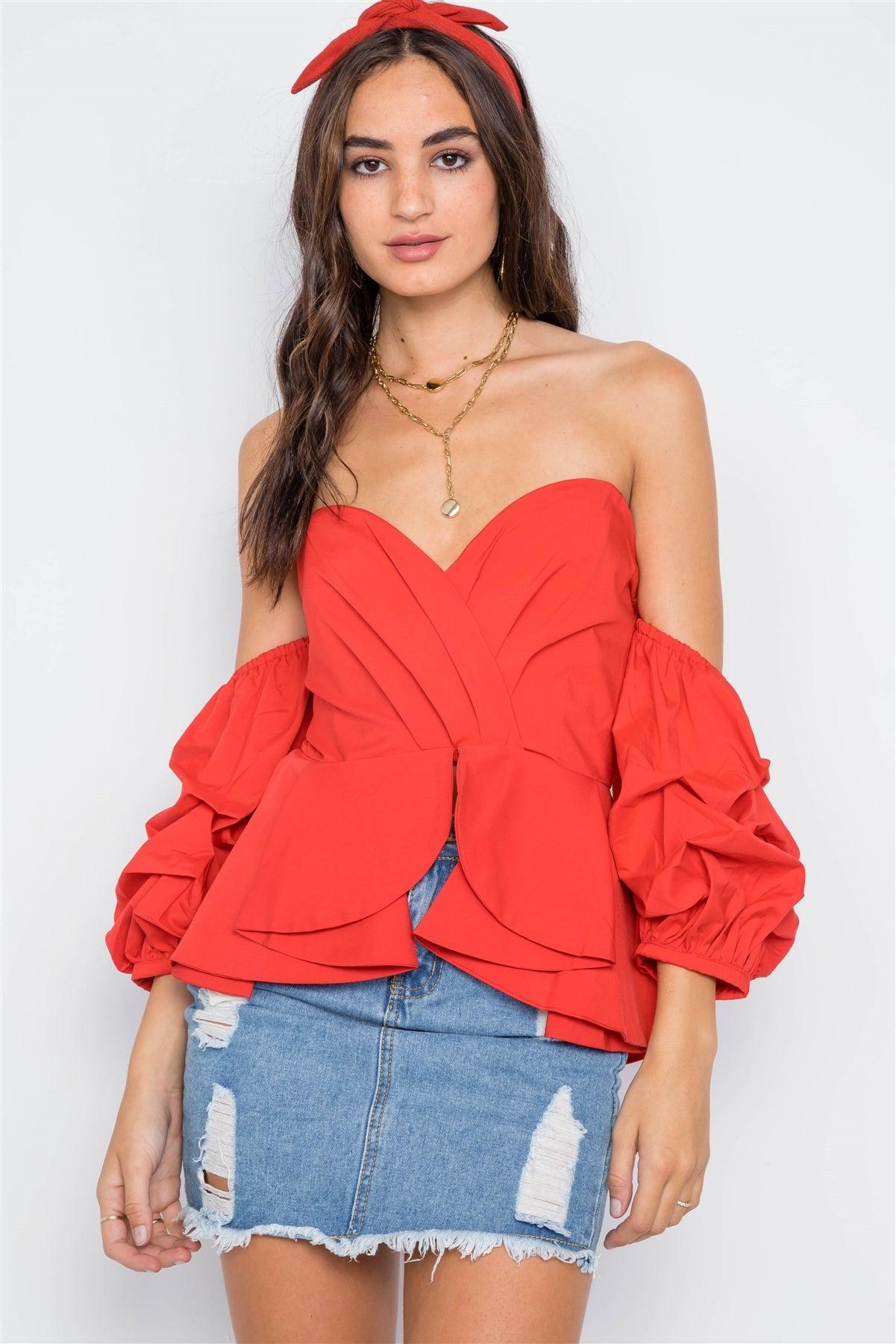 Red Off-The-Shoulder Bell Sleeve Crop Top