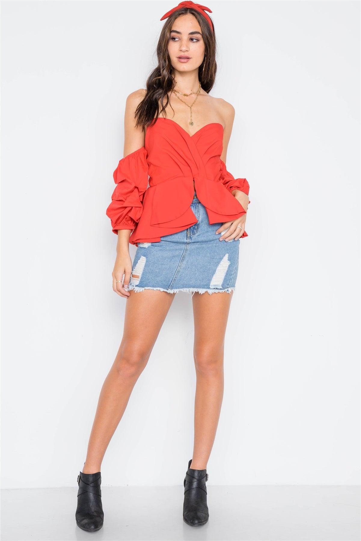 Red Off-The-Shoulder Bell Sleeve Crop Top