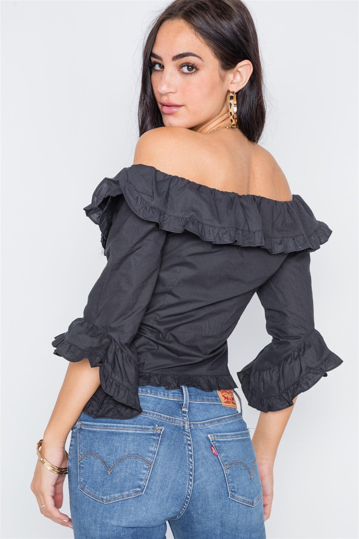 Black Off-The-Shoulder Ruffle Tie Front Crop Top /1-2-2