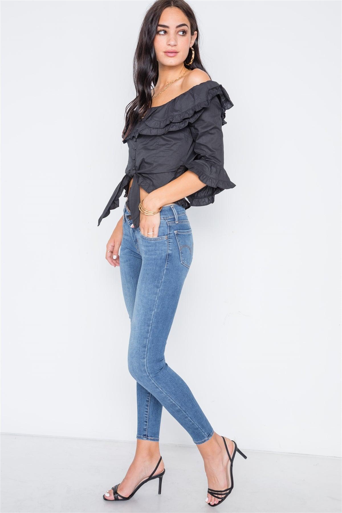 Black Off-The-Shoulder Ruffle Tie Front Crop Top /1-2-2