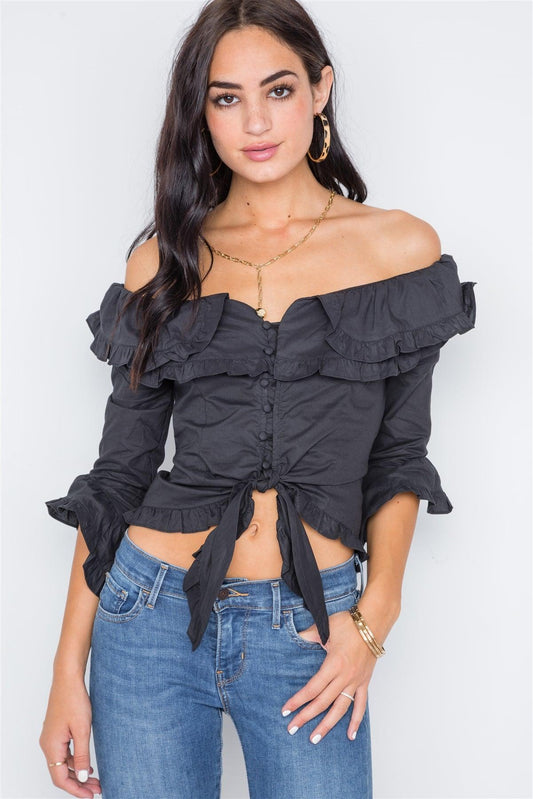 Black Off-The-Shoulder Ruffle Tie Front Crop Top /2-2-2