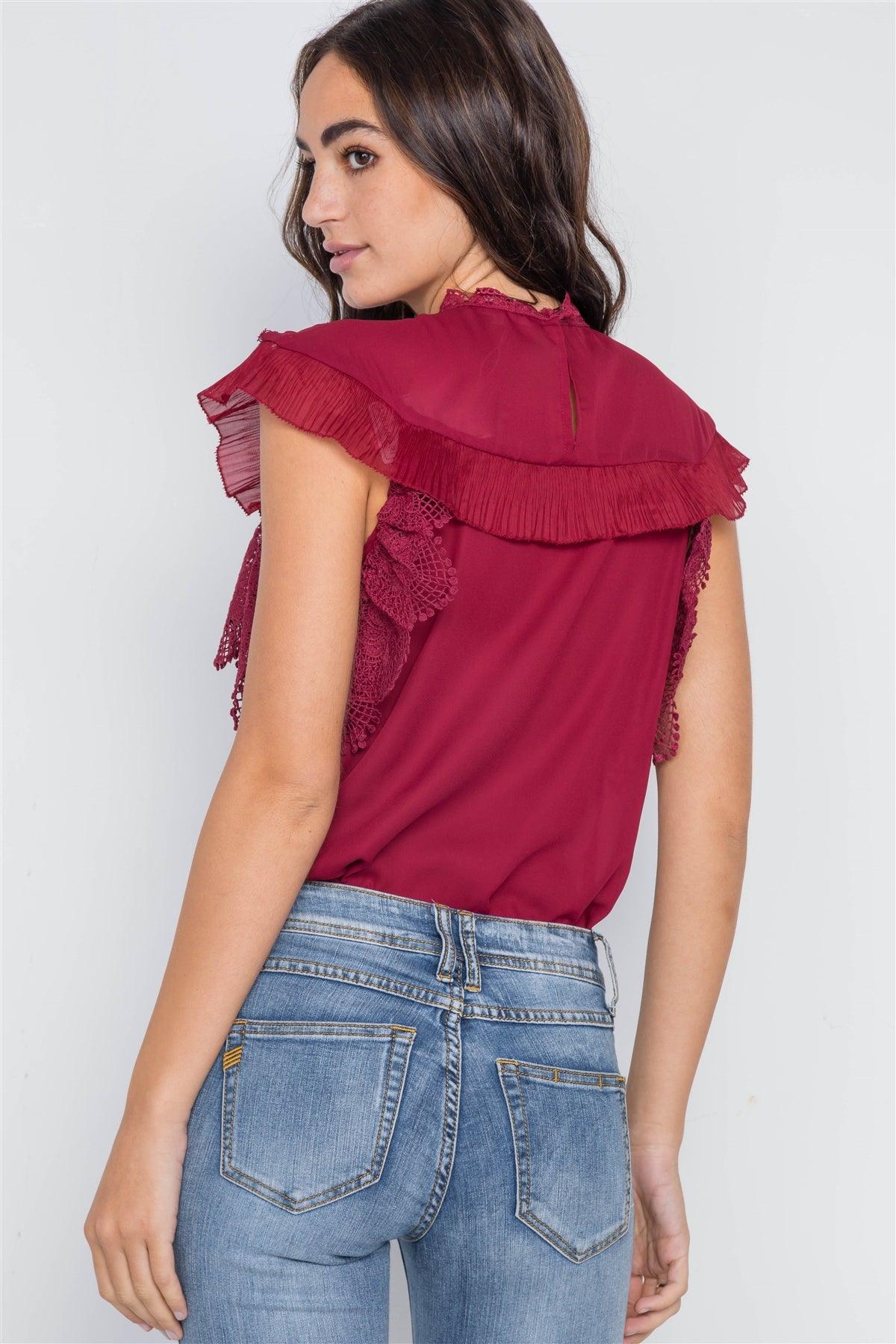 Burgundy Crochet Trim Sleeveless Top /2-2-2