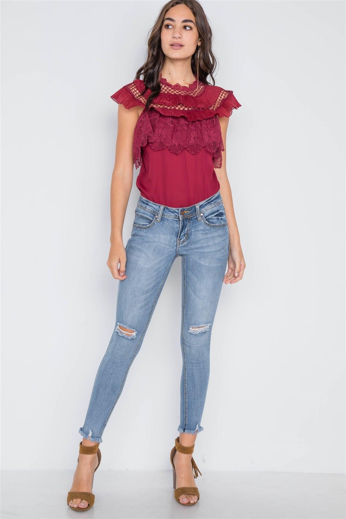 Burgundy Crochet Trim Sleeveless Top /2-2-2