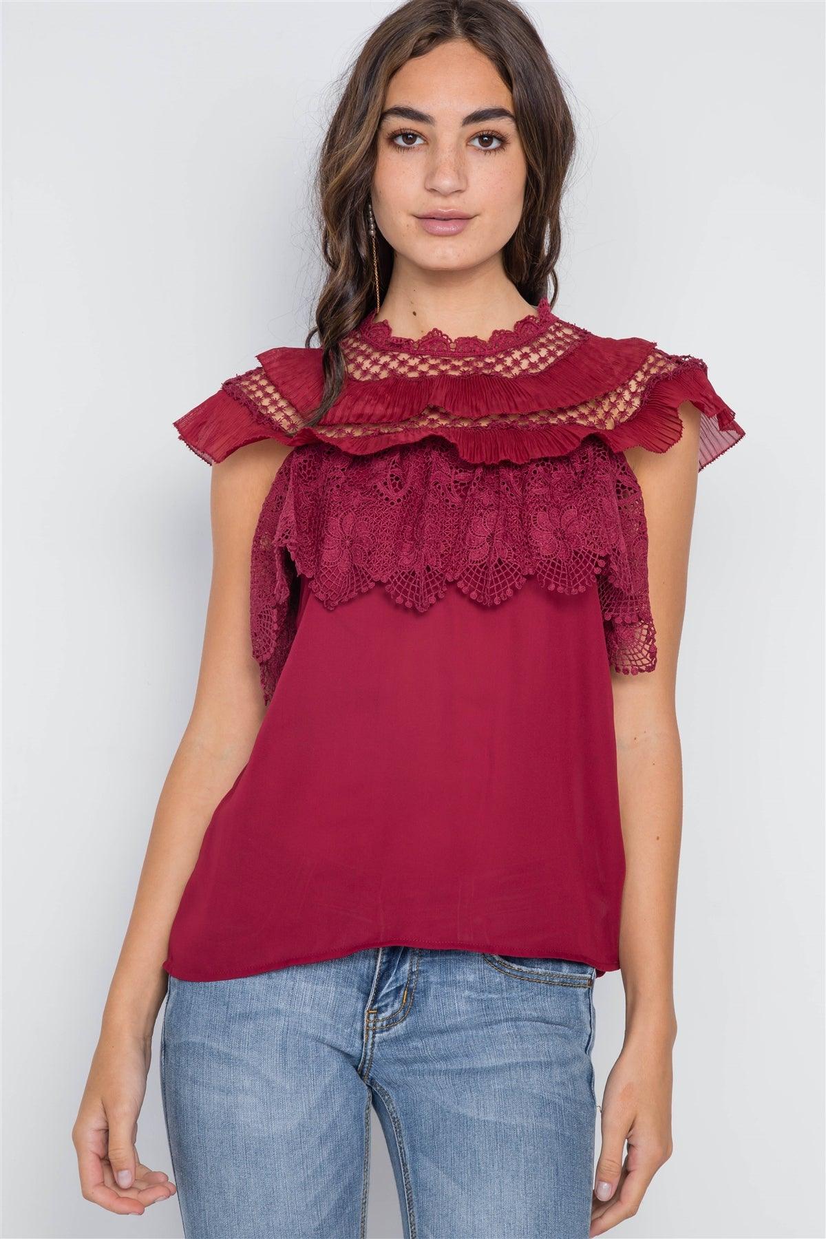 Burgundy Crochet Trim Sleeveless Top /2-2-2