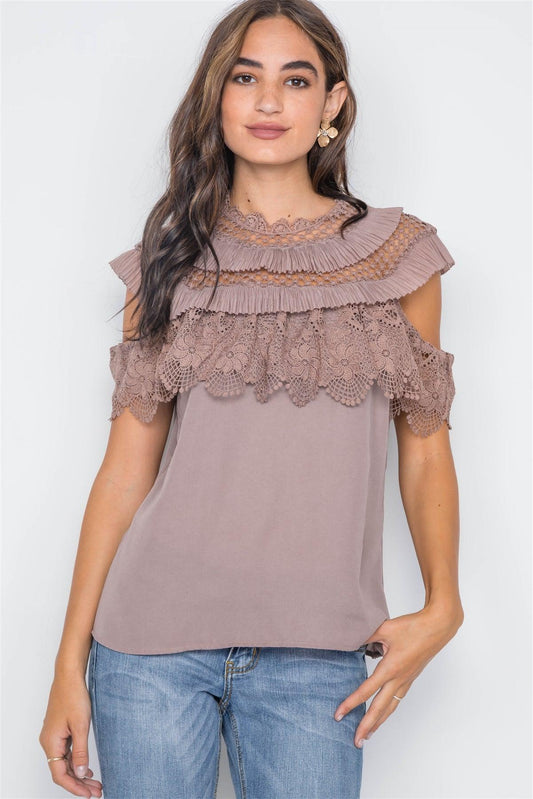 Mocha Crochet Trim Sleeveless Top