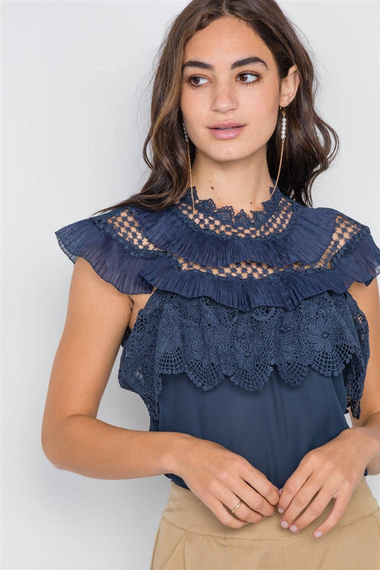 Navy Crochet Trim Sleeveless Top /2-2-2