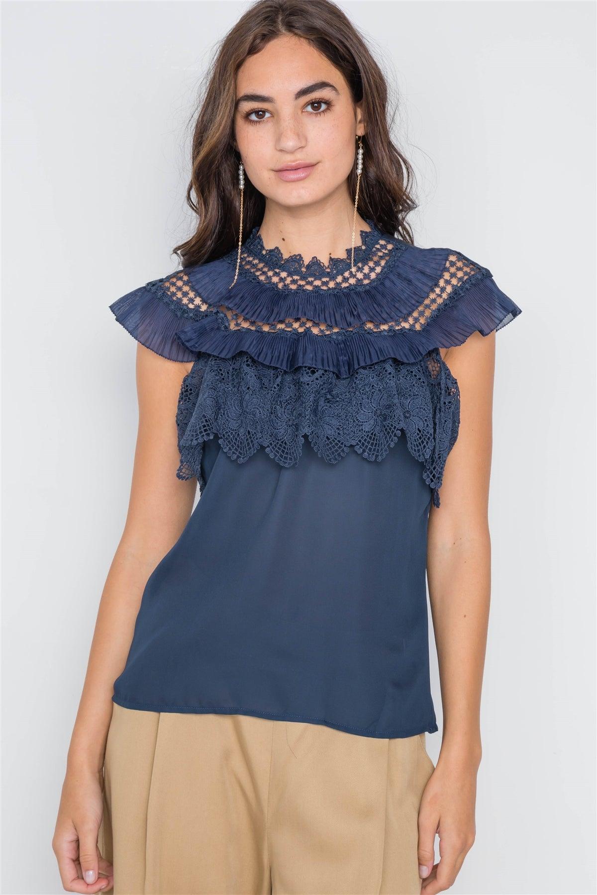 Navy Crochet Trim Sleeveless Top