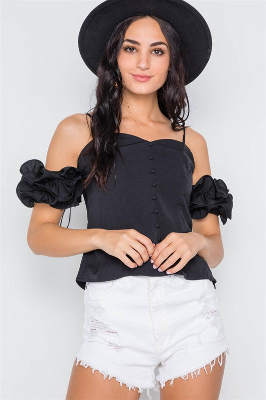 Black Cami Cold Shoulder Ruffle Sleeves Top /2-2-2