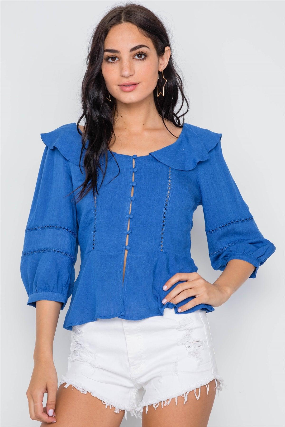 Blue Crochet Trim Button Down Boho Top /2-2-2