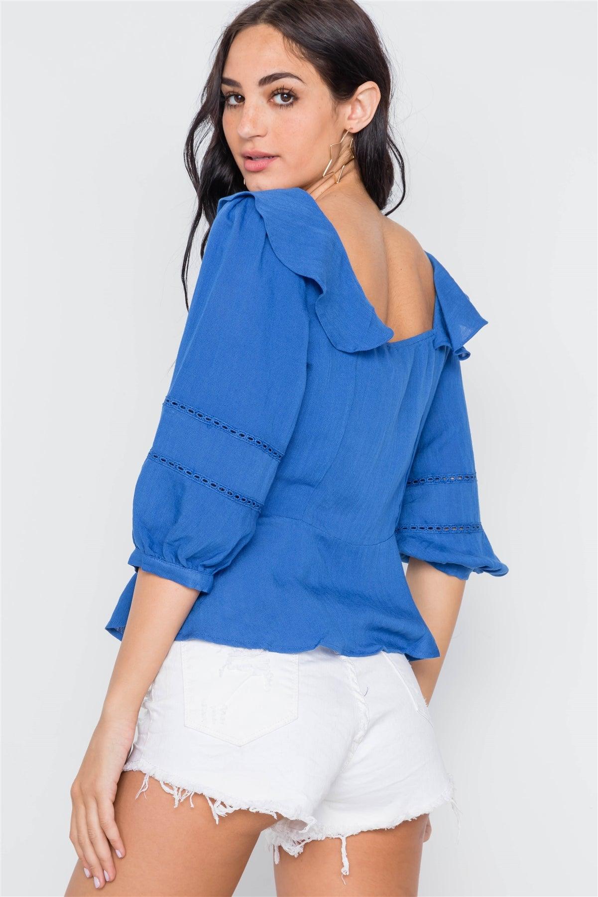 Blue Crochet Trim Button Down Boho Top /2-2-2