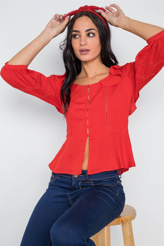 Tomato Red Crochet Trim Button Down Boho Top /2-2-2