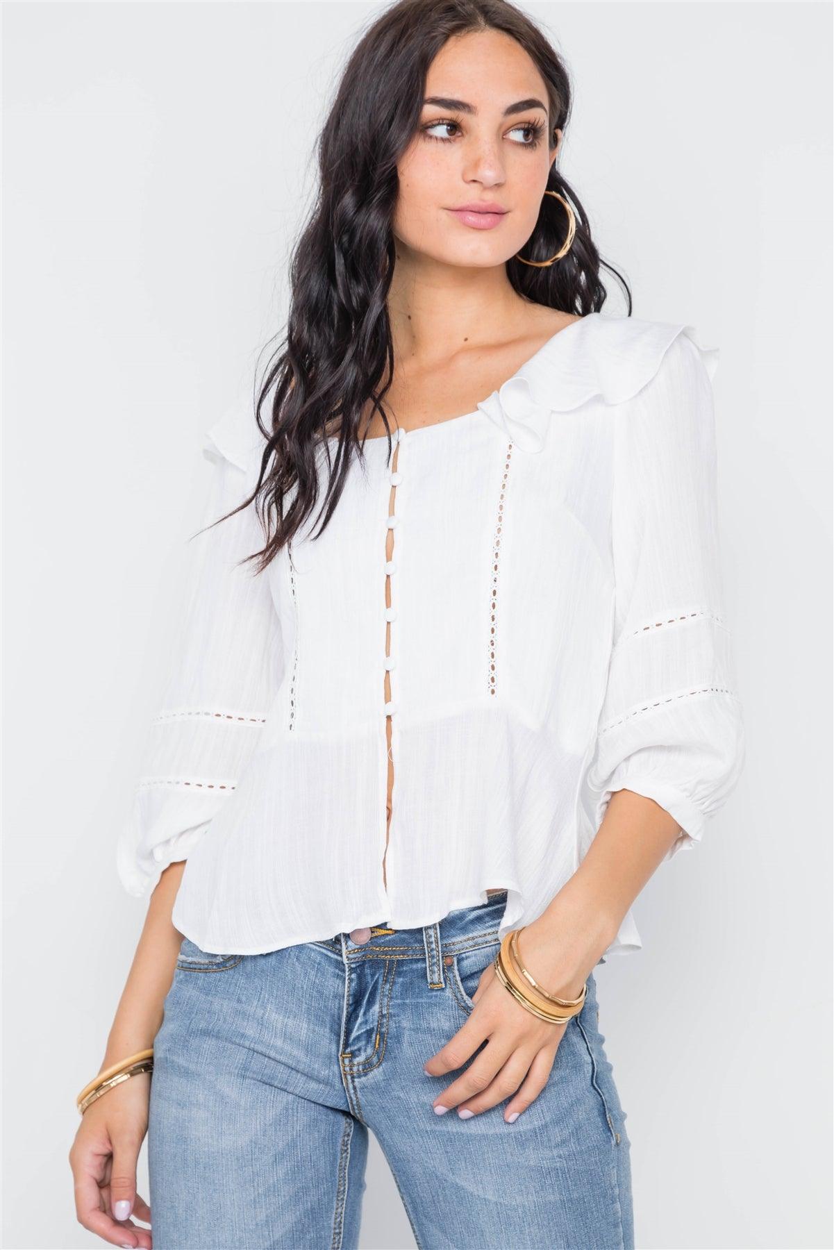 White Crochet Trim Button Down Boho Top /2-2-2