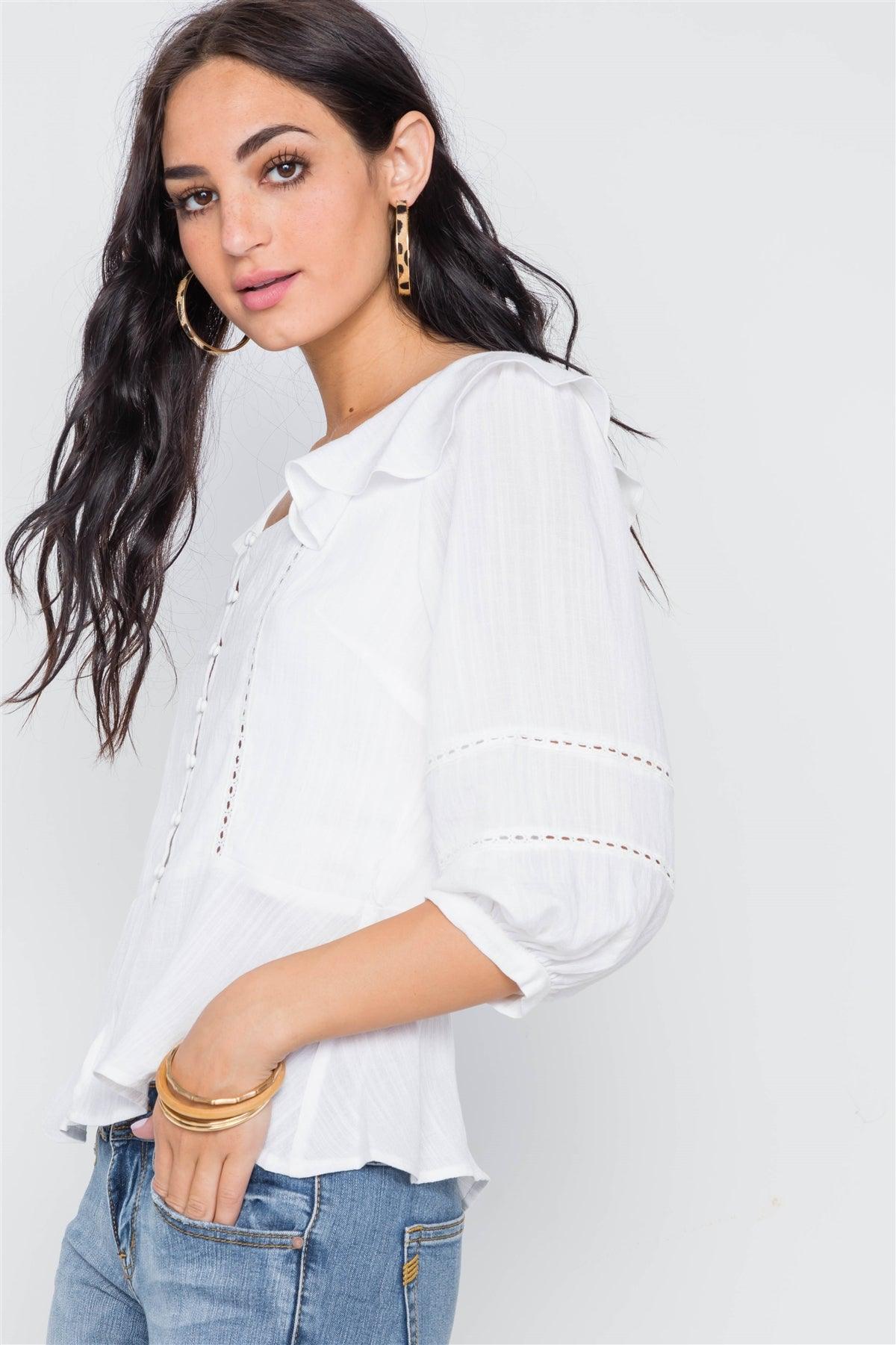 White Crochet Trim Button Down Boho Top /2-2-2