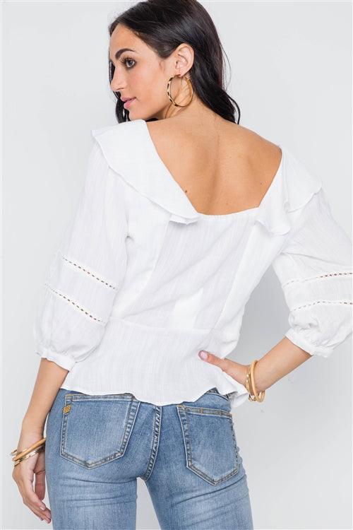 White Crochet Trim Button Down Boho Top /2-2-2