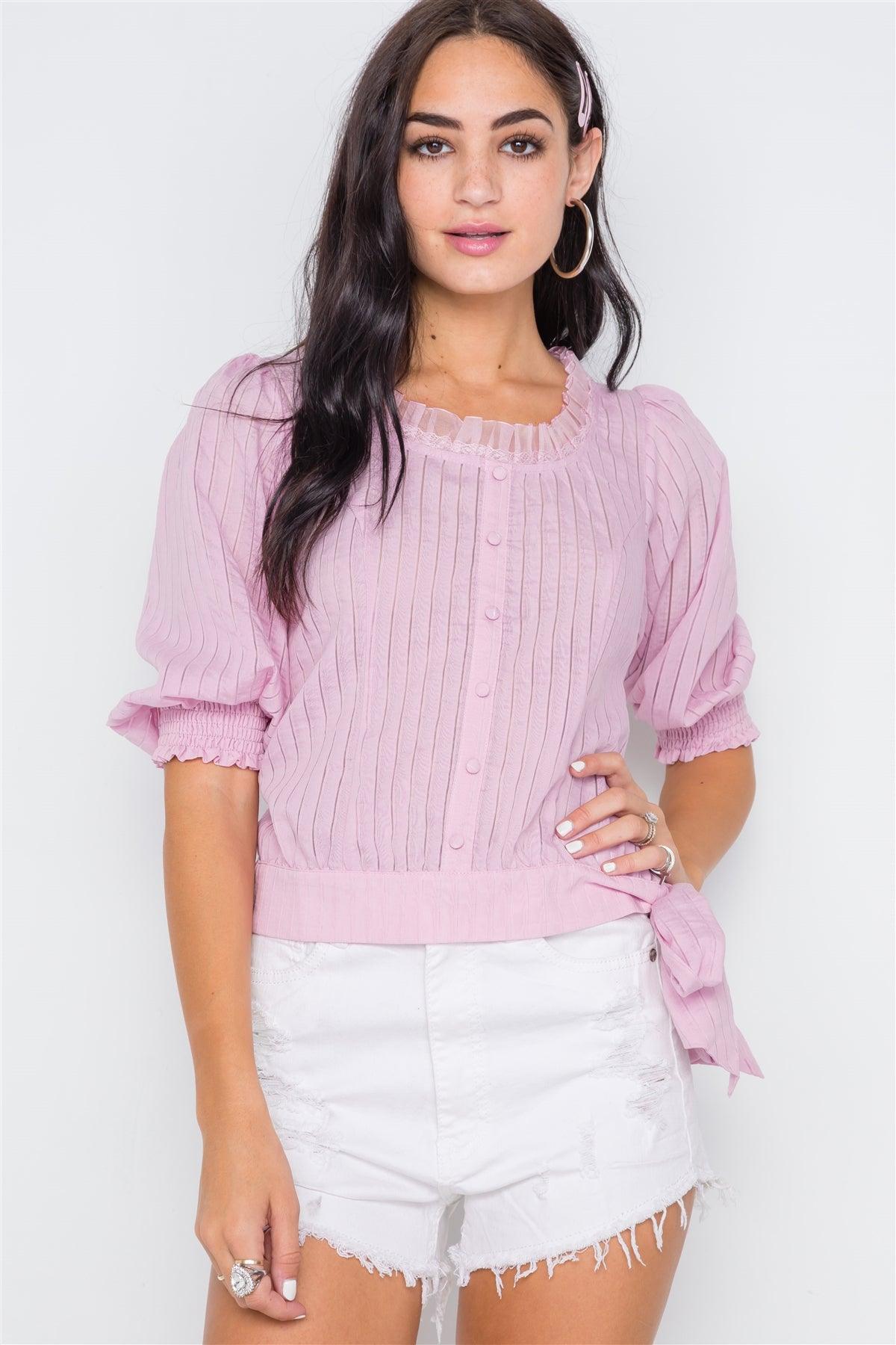 Lavender Side-Tie Rushed 3/4 Sleeve Top /2-2-2