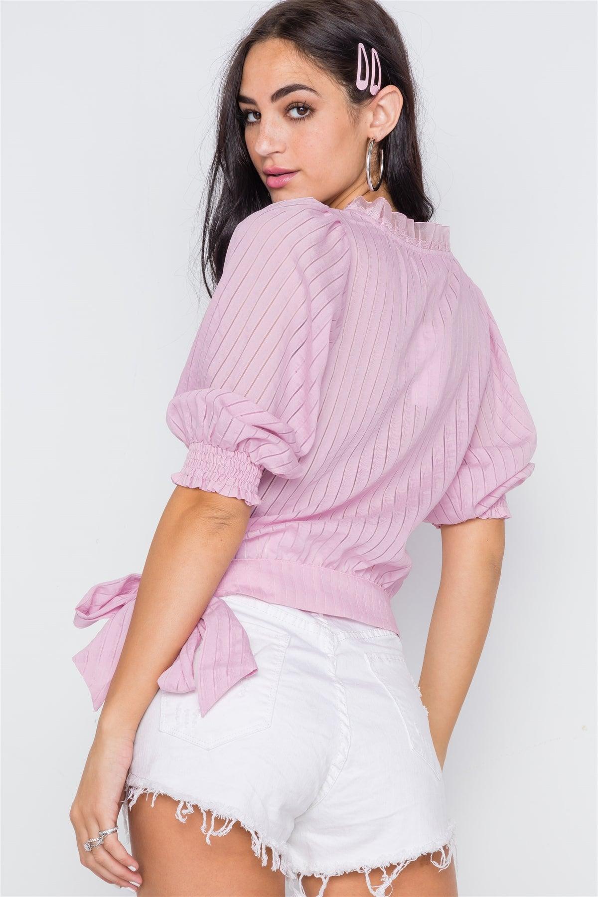 Lavender Side-Tie Rushed 3/4 Sleeve Top /2-2-2