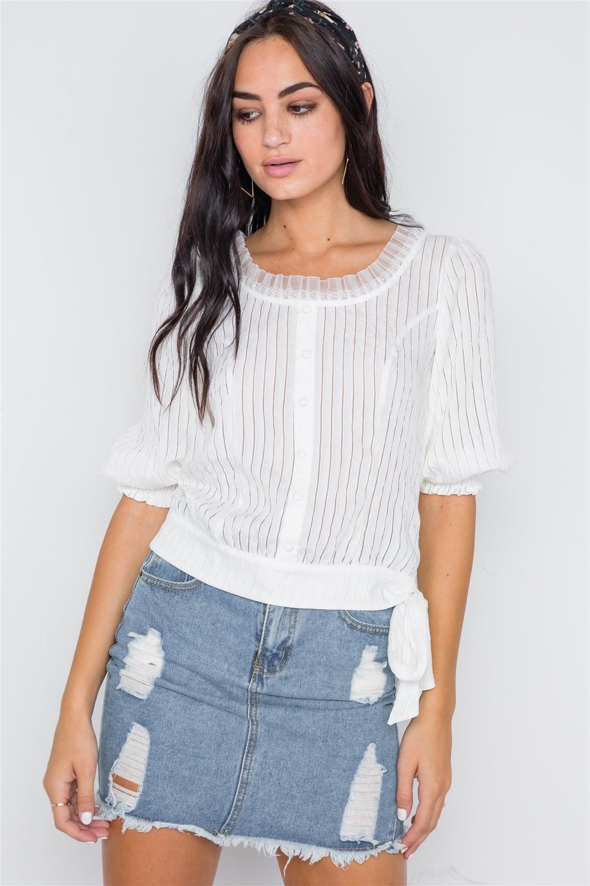 Off White Side-Tie Rushed 3/4 Sleeve Top /2-2-2 - Tasha Apparel Wholesale