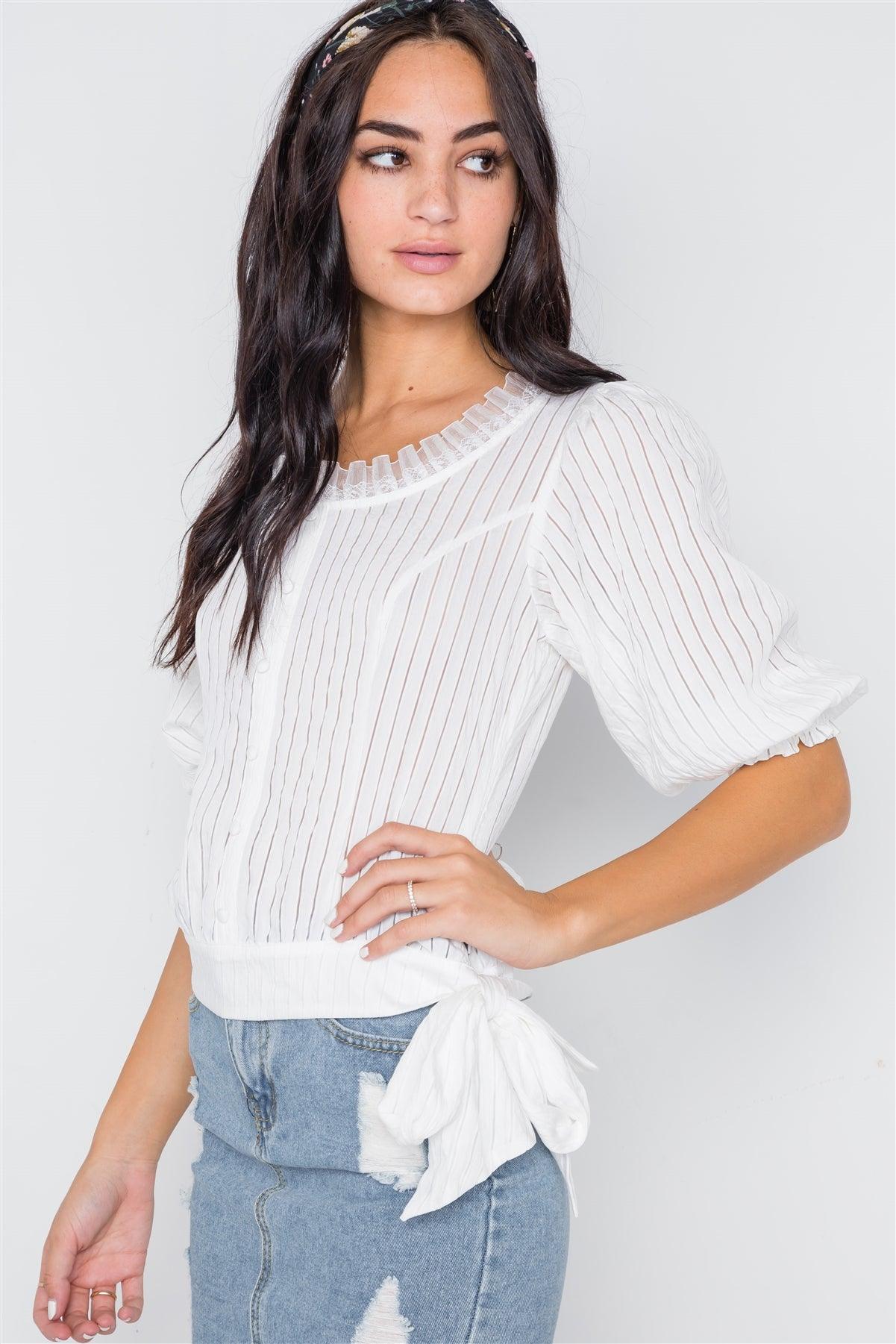 Off White Side-Tie Rushed 3/4 Sleeve Top /2-2-2 - Tasha Apparel Wholesale