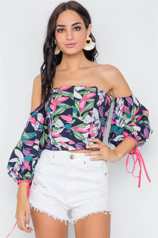 Navy Pink Off-The-Shoulder Puff Sleeves Top