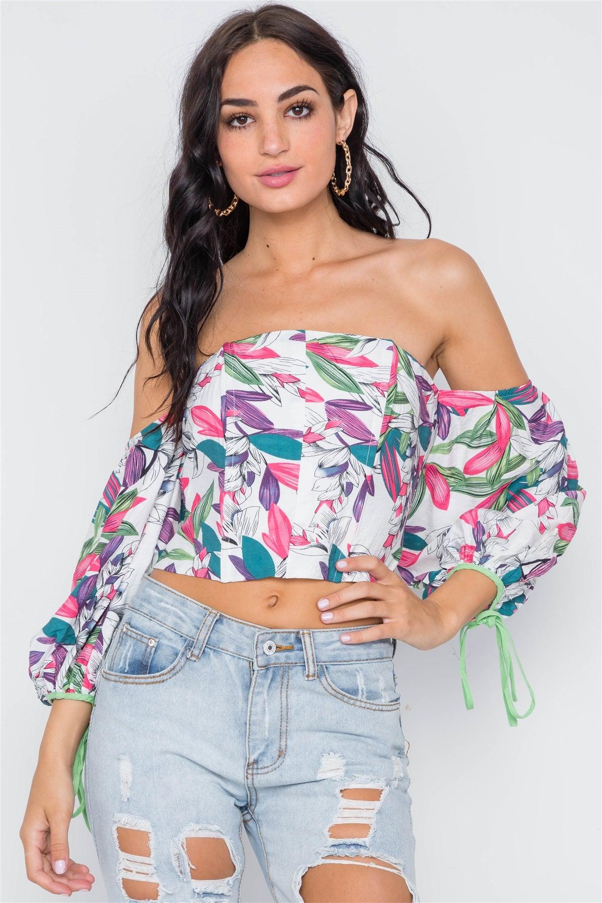 White Green Off-The-Shoulder Puff Sleeves Top /2-2-2