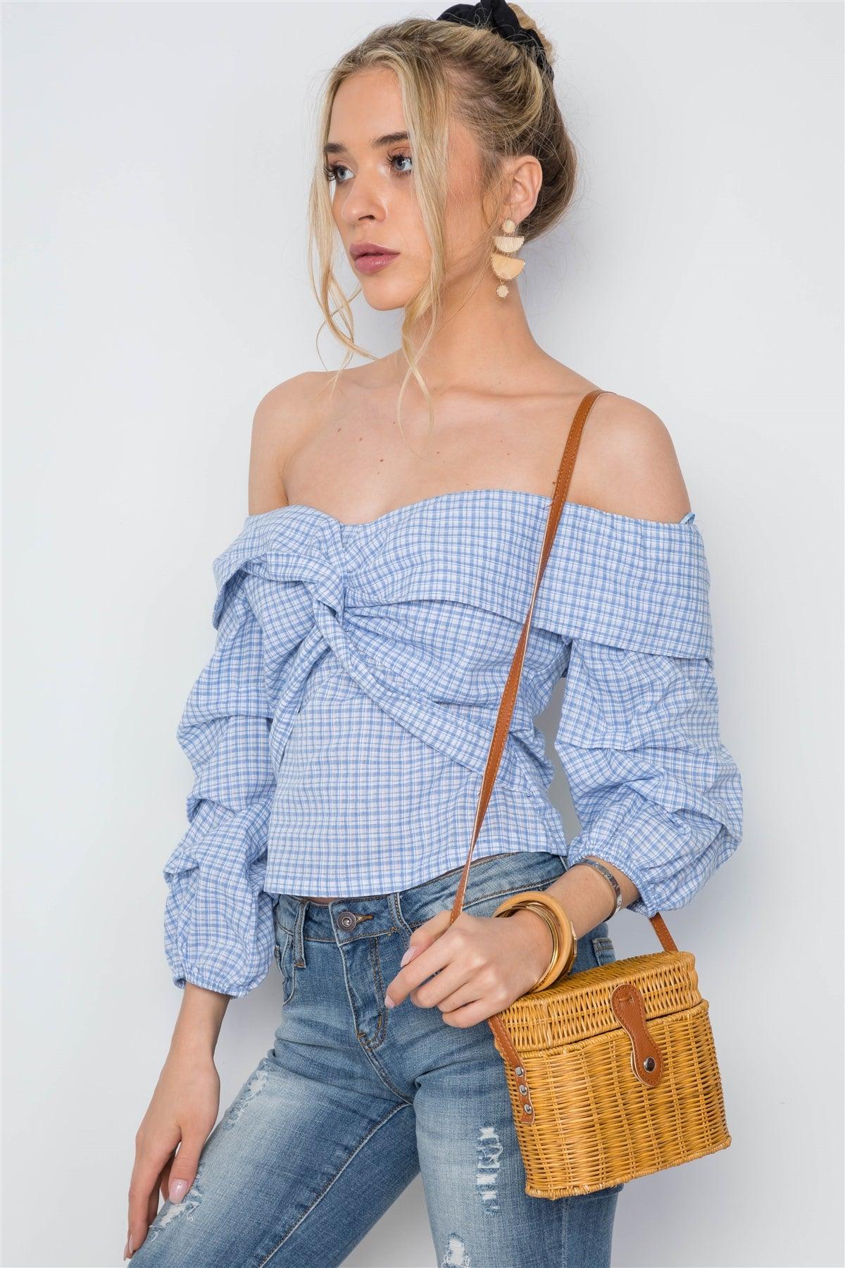 White Blue Plaid Twist Off-The-Shoulder Boho Top /2-2-2