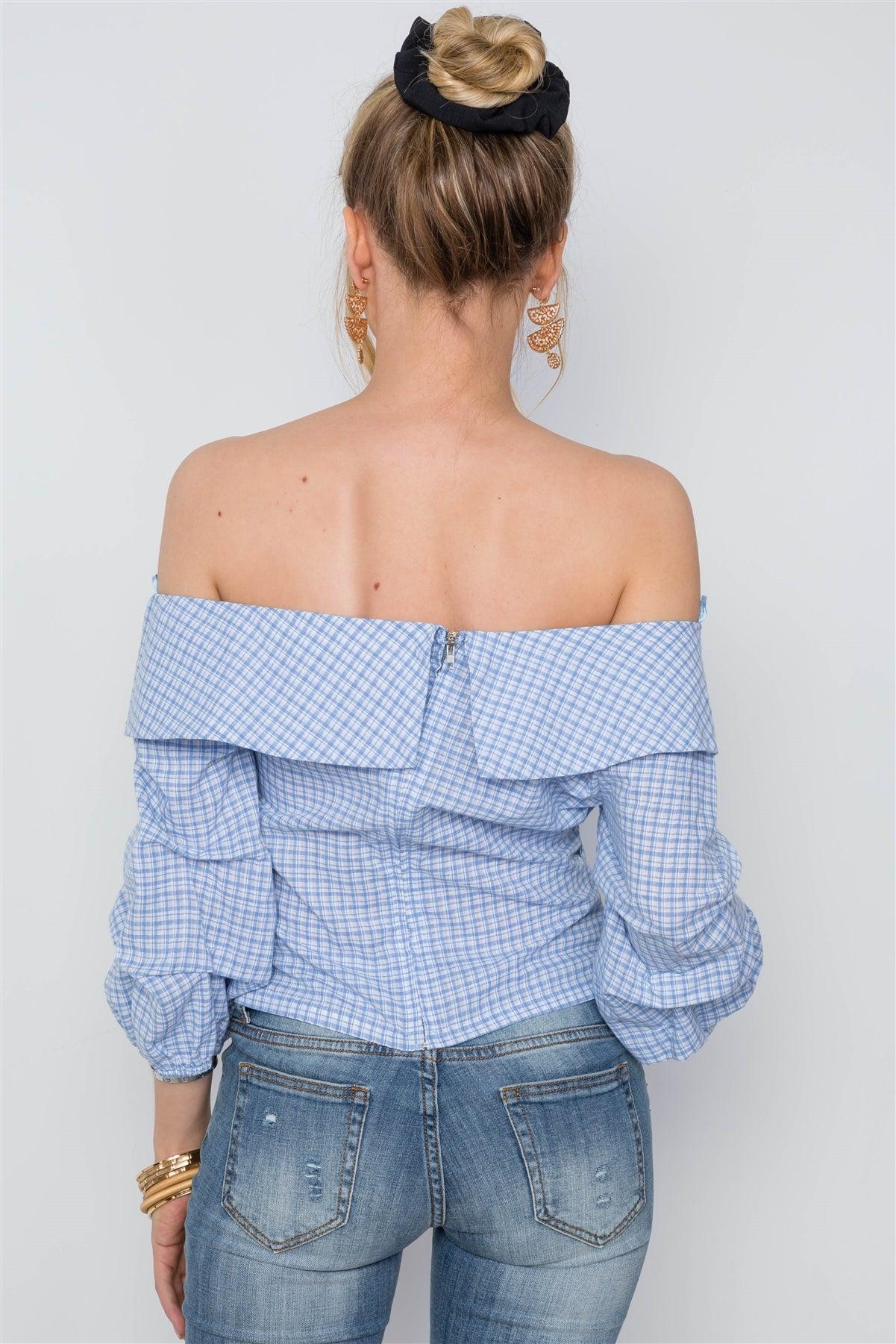 White Blue Plaid Twist Off-The-Shoulder Boho Top /2-2-2