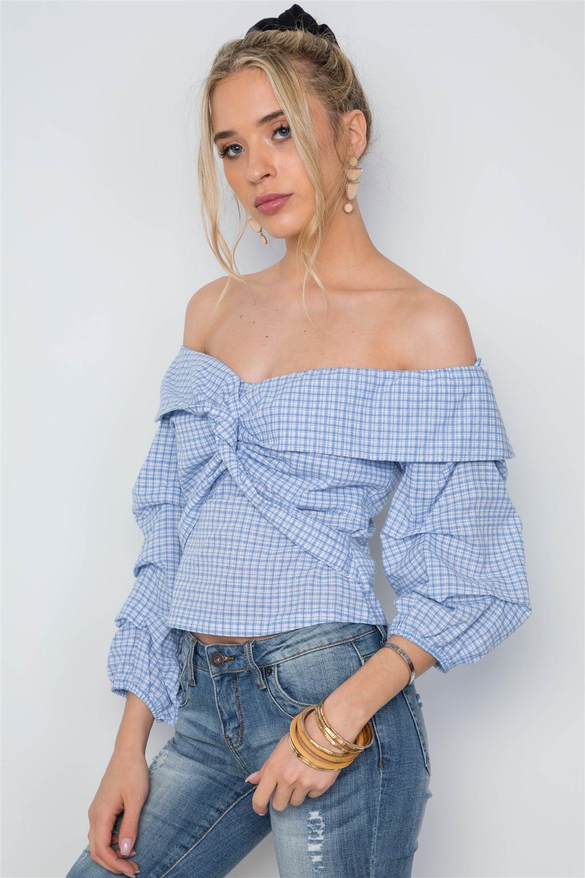 White Blue Plaid Twist Off-The-Shoulder Boho Top /2-2-2