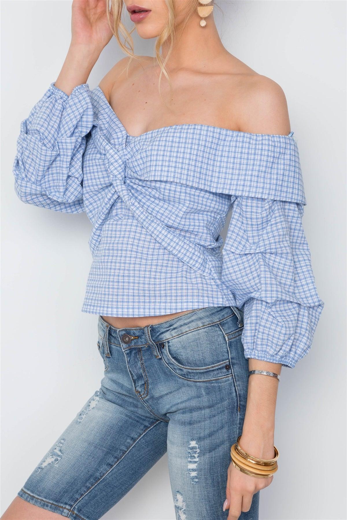 White Blue Plaid Twist Off-The-Shoulder Boho Top /2-2-2